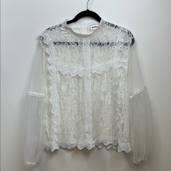 Wowo Lace White Ruffled Long Sleeve Dressy Blouse Top Shirt - Picture 4 of 11